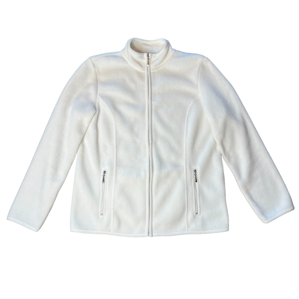 Karen Scott Sport Fitted White Fleece Jacket with Zipper Pockets, Women’s Small